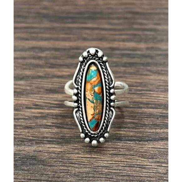 Southwestern Gemstone Adjustable Statement Cuff Ring with Brass Dual Band - Picture 1 of 3